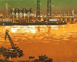 Nikolayev A.M. "Lights of Volga HPP" 1965. Color linocut.